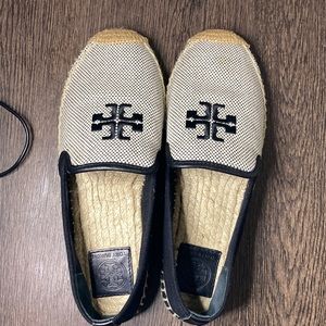 Tory Burch Weston Black/Ecru/Tan Mini Check Print Espadrilles flats size 7.5 (M)